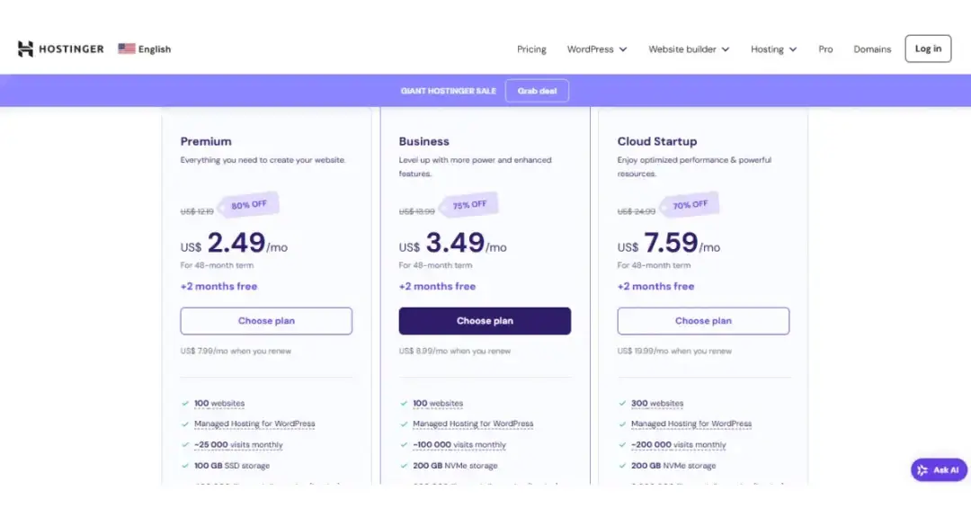 Hostinger hosting plans and pricing for WordPress websites